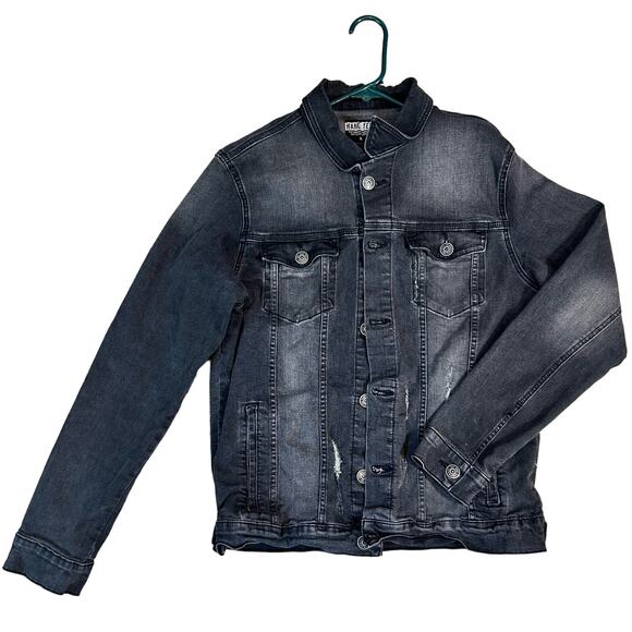 Hang Ten Jean Jacket, Size M, Black/Gray Distressed Denim Coat Cotton Stretch - Picture 1 of 7